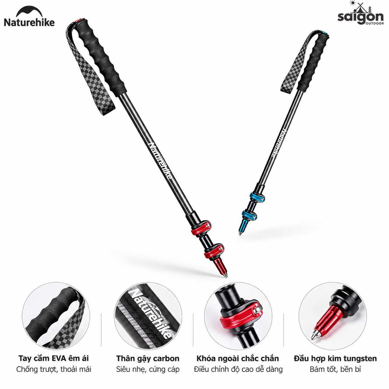 Gậy Trekking Naturehike Sợi Carbon Siêu Nhẹ 135g Gấp Gọn Điều Chỉnh 57-130cm Leo Núi Dã Ngoại NH19S010-T (TẶNG KÈM HỘP)