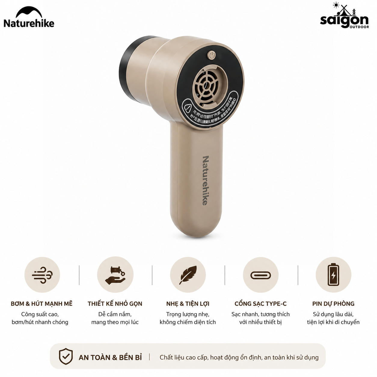 Máy Bơm Hơi Cầm Tay Mini CNK2450ZM017 Naturehike Sạc Type-C Đa Năng