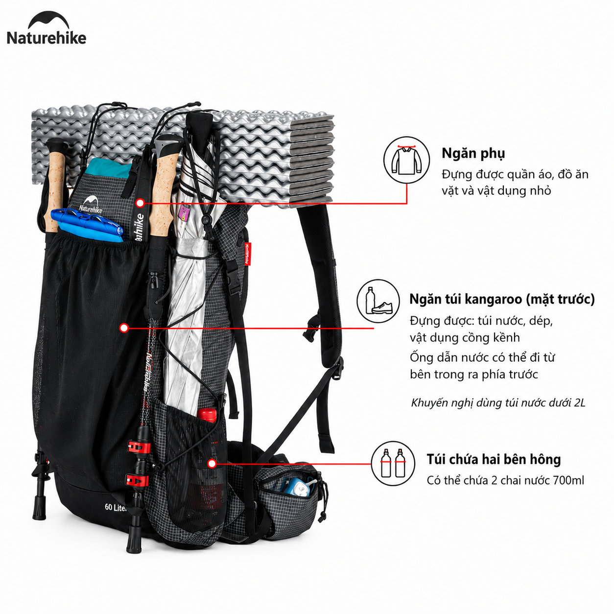 Balo Leo Núi Naturehike 60L Siêu Nhẹ Chống Nước Khung Nhôm Trekking Hiking Camping