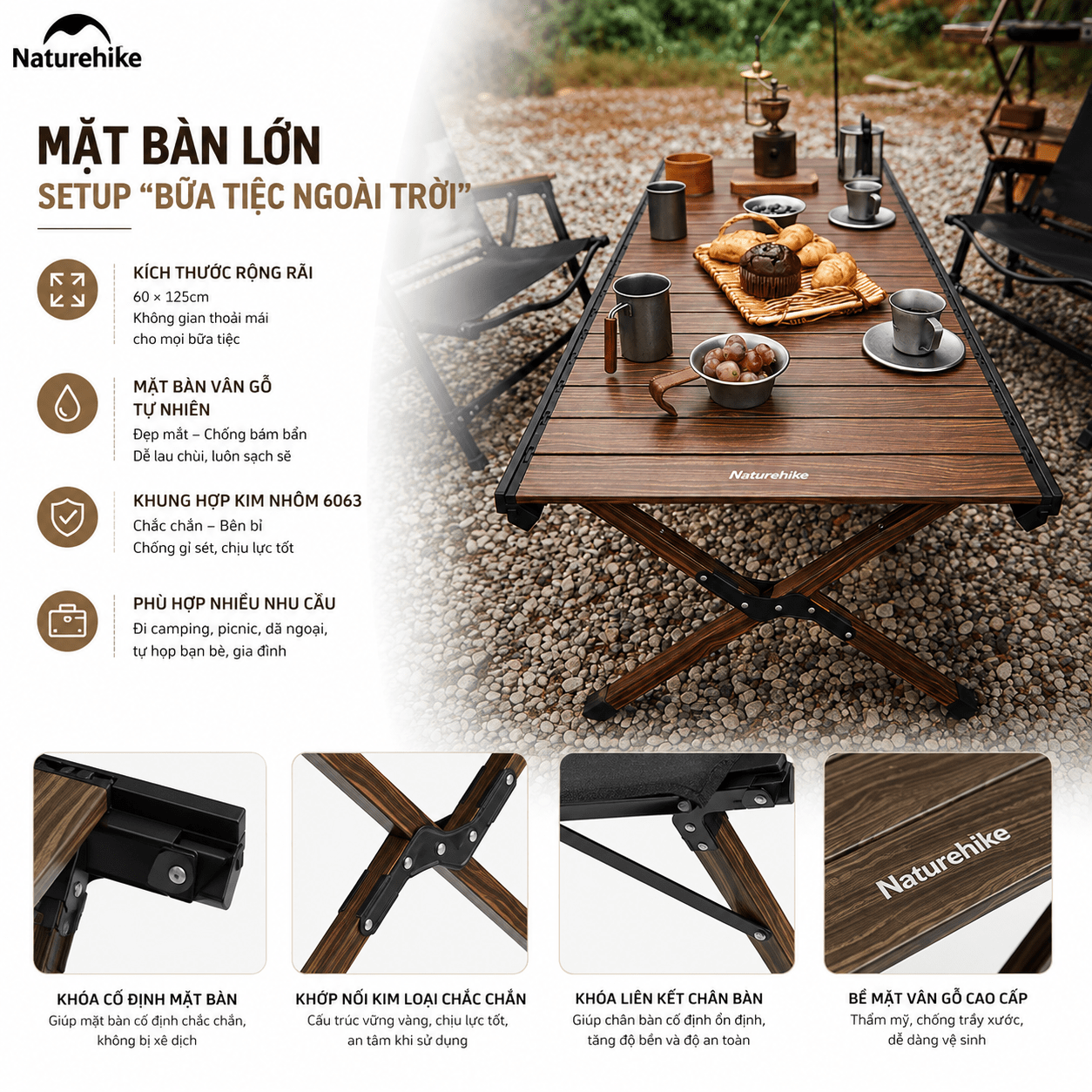Bàn gấp gọn hợp kim nhôm - phủ vân gỗ chống nước bền bỉ, Kích thước 125×60cm - Naturehike CNH22JU043