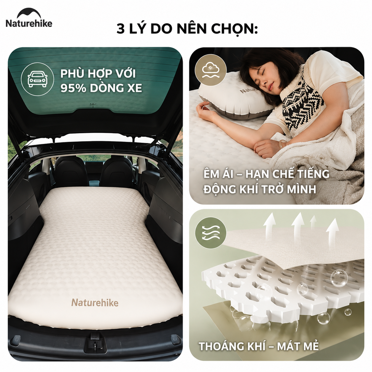 Đệm Hơi Tự Bơm Naturehike CNK2450WS010 Cho Ô Tô SUV MPV Du Lịch Camping Gấp Gọn Êm Ái 197x134x6.5cm