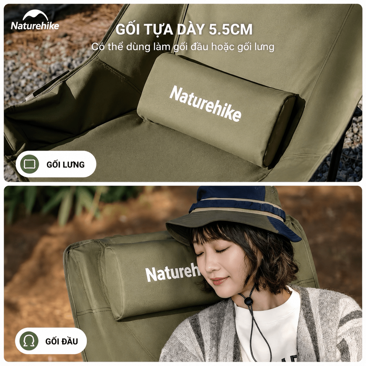 Ghế Xếp Dã Ngoại CNK2550JJ019,20 Naturehike Ghế Camping Ngả Lưng Có Gối Gấp Gọn Khung Thép Carbon