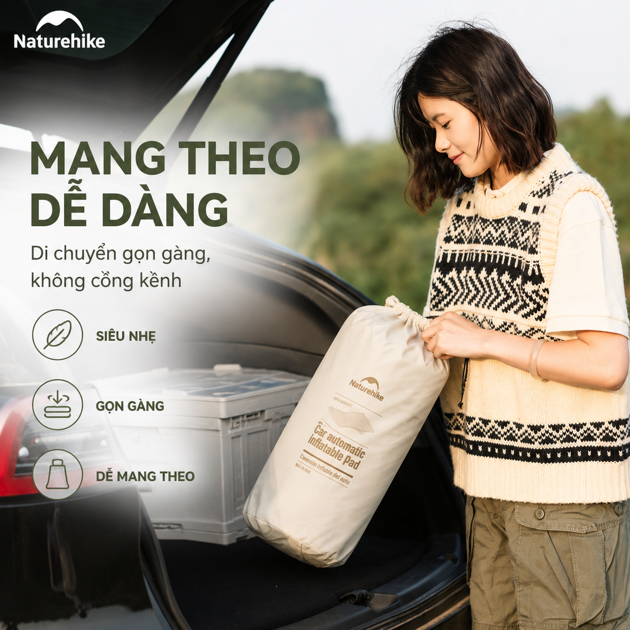 Đệm Hơi Tự Bơm Naturehike CNK2450WS010 Cho Ô Tô SUV MPV Du Lịch Camping Gấp Gọn Êm Ái 197x134x6.5cm