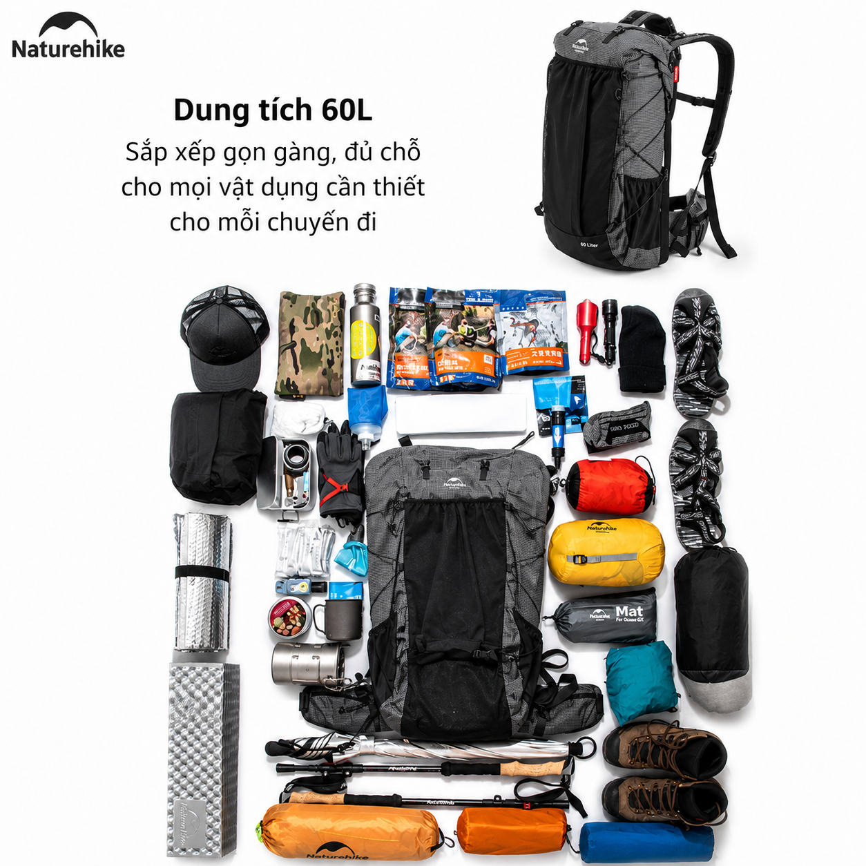 Balo Leo Núi Naturehike 60L Siêu Nhẹ Chống Nước Khung Nhôm Trekking Hiking Camping