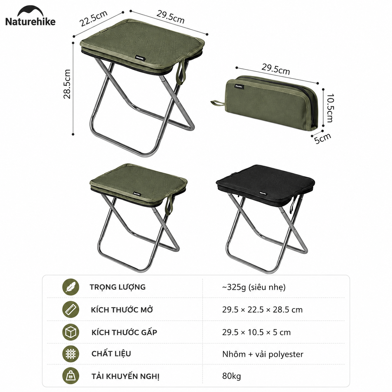 Ghế Camping Mini Naturehike Gấp Gọn Siêu Nhẹ 325g – Ghế Dã Ngoại Câu Cá Picnic