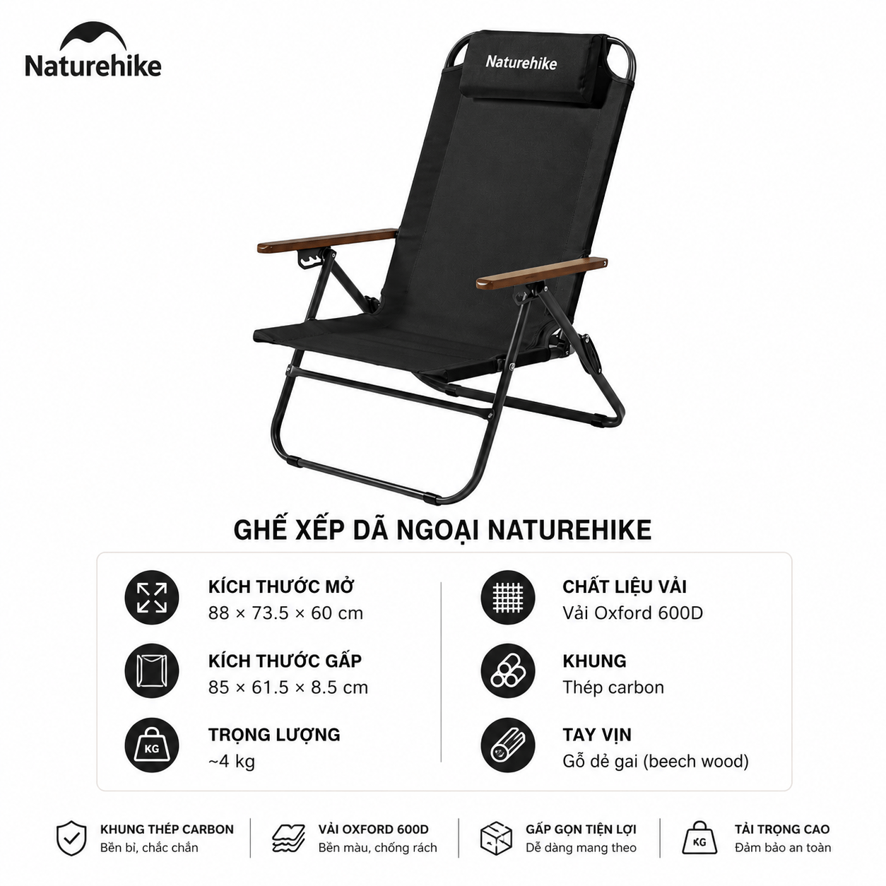 Ghế Xếp Camping Naturehike CNK2550JJ012 Low Chair Gấp Gọn 4 Mức Chỉnh – Ghế Dã Ngoại Tựa Lưng Cao Có Gối