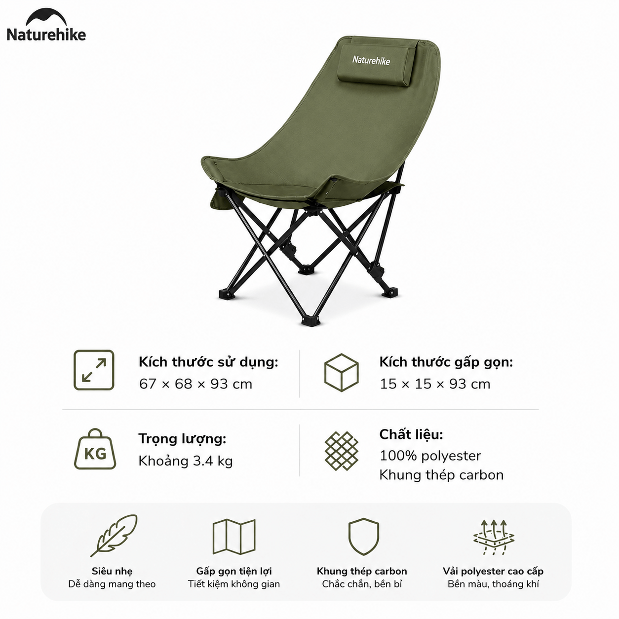 Ghế Xếp Dã Ngoại CNK2550JJ019,20 Naturehike Ghế Camping Ngả Lưng Có Gối Gấp Gọn Khung Thép Carbon