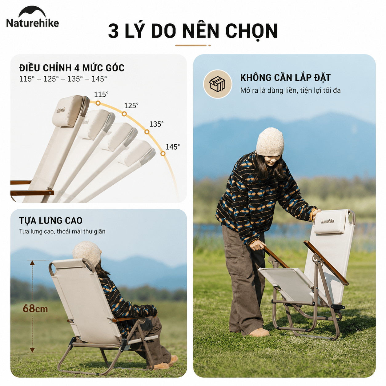 Ghế Xếp Camping Naturehike CNK2550JJ012 Low Chair Gấp Gọn 4 Mức Chỉnh – Ghế Dã Ngoại Tựa Lưng Cao Có Gối