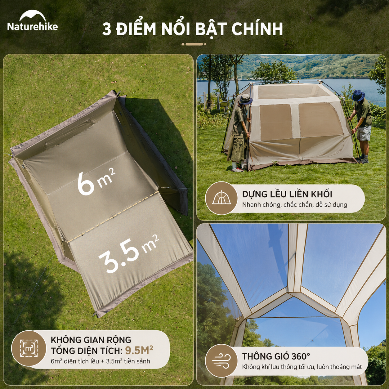 Lều Village 6.0 Tự Bung Cao Cấp Naturehike CNK2550WS043 Cao 1m8, Thiết Kế 2 Lớp Oxford 150D Kết Hợp Polyester 75D Chống Rách (TẶNG KÈM THẢM LÓT)