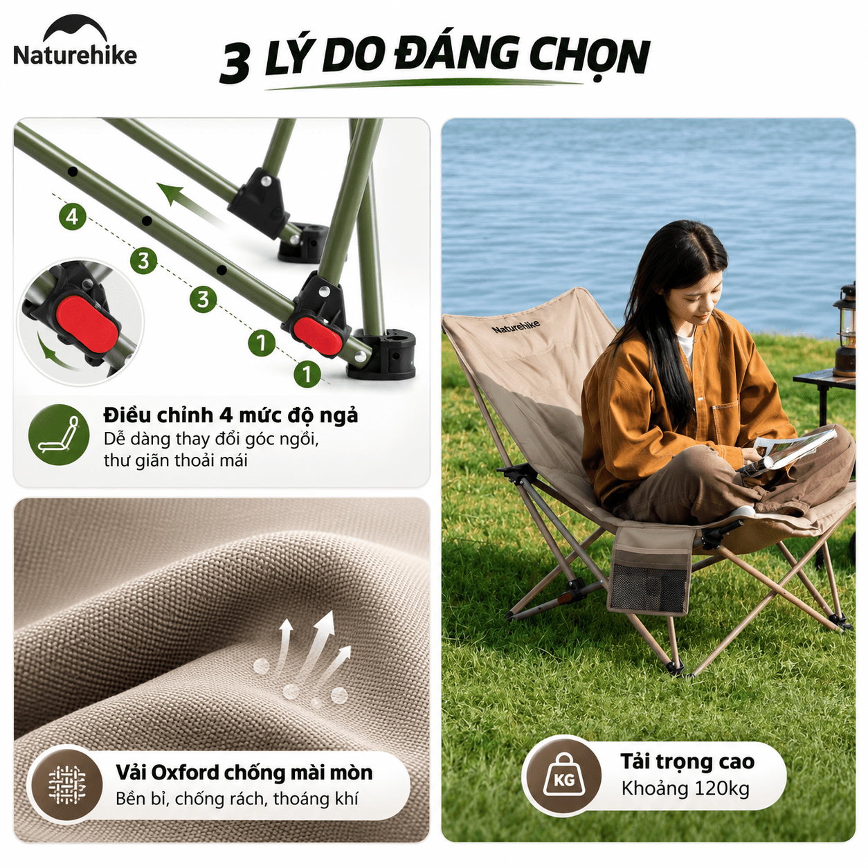 Ghế Xếp Thư Giãn Naturehike CNK2650JJ010 Gấp Gọn 4 Cấp Độ Ngả Lưng - Ghế Camping Ngoài Trời Khung Thép Carbon