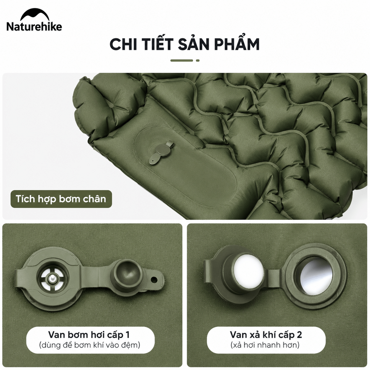 Đệm Hơi Đôi Naturehike CNK2550WS019 Đạp Chân 200x125cm Nệm Hơi Camping Gấp Gọn Có Gối Tích Hợp