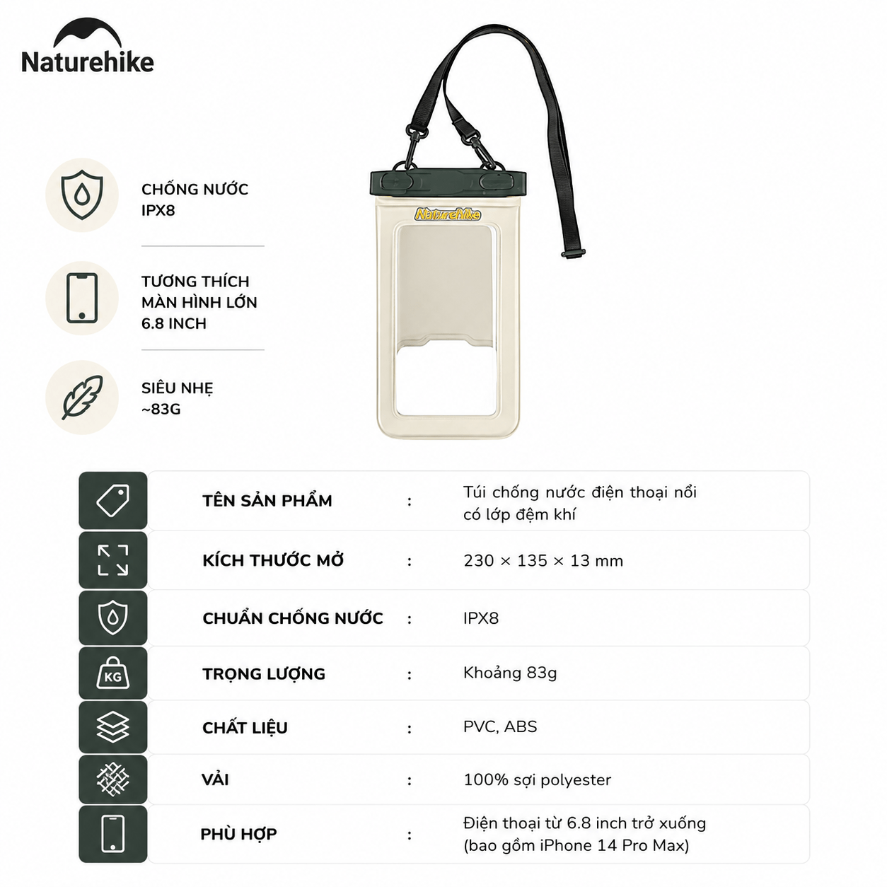 Túi chống nước bảo vệ điện thoại NATUREHIKE CNK2300BS015 – Dùng khi đi mưa, đi biển, du lịch