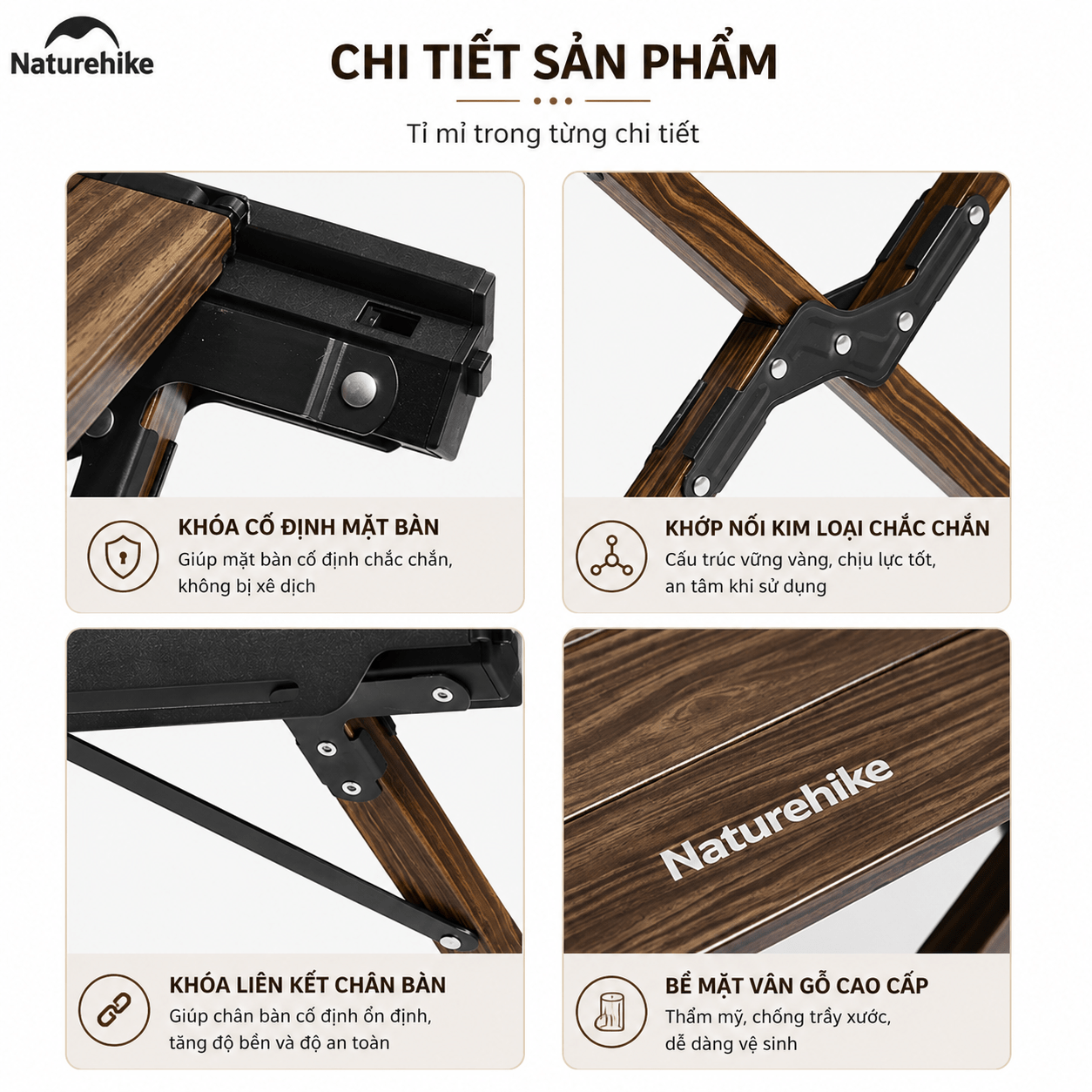 Bàn gấp gọn hợp kim nhôm - phủ vân gỗ chống nước bền bỉ, Kích thước 125×60cm - Naturehike CNH22JU043