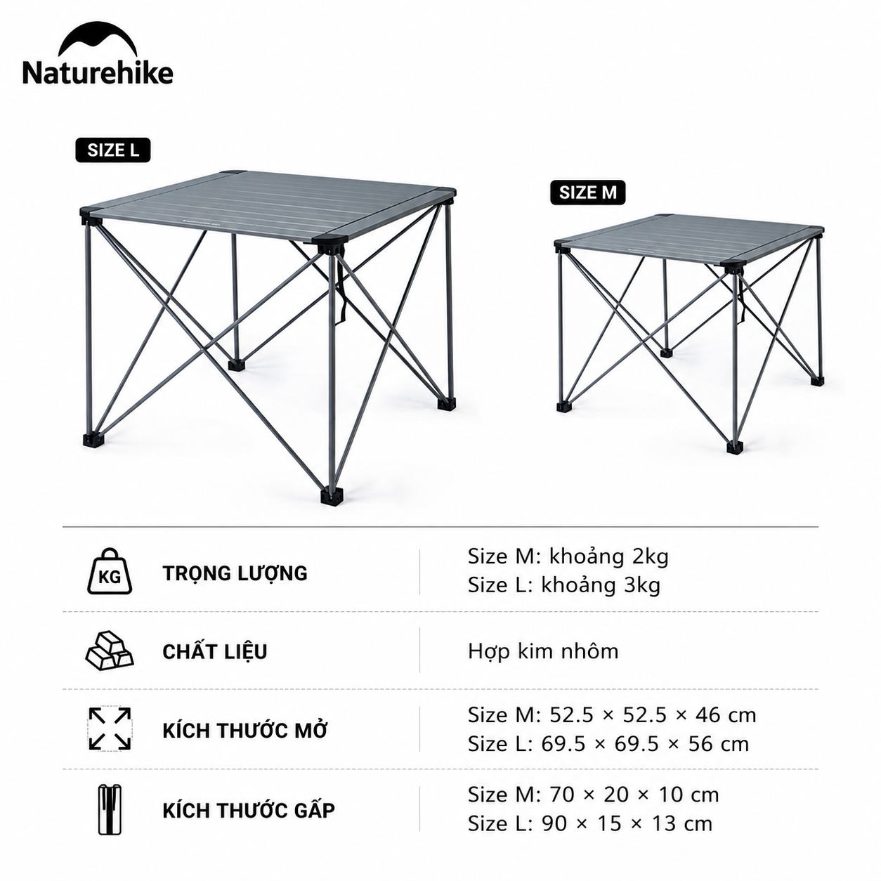 Bàn Xếp Gọn Hợp Kim Nhôm CNK2450JJ013 Naturehike – Siêu Nhẹ, Gấp Gọn Tiện Lợi Cho Camping & Picnic