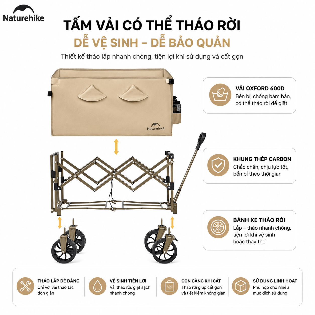 Xe Kéo Gấp Gọn CNK2350JJ012 Naturehike - Xe Đẩy Camping Dã Ngoại Có Phanh, Gấp Gọn, Mở Rộng Đuôi Xe