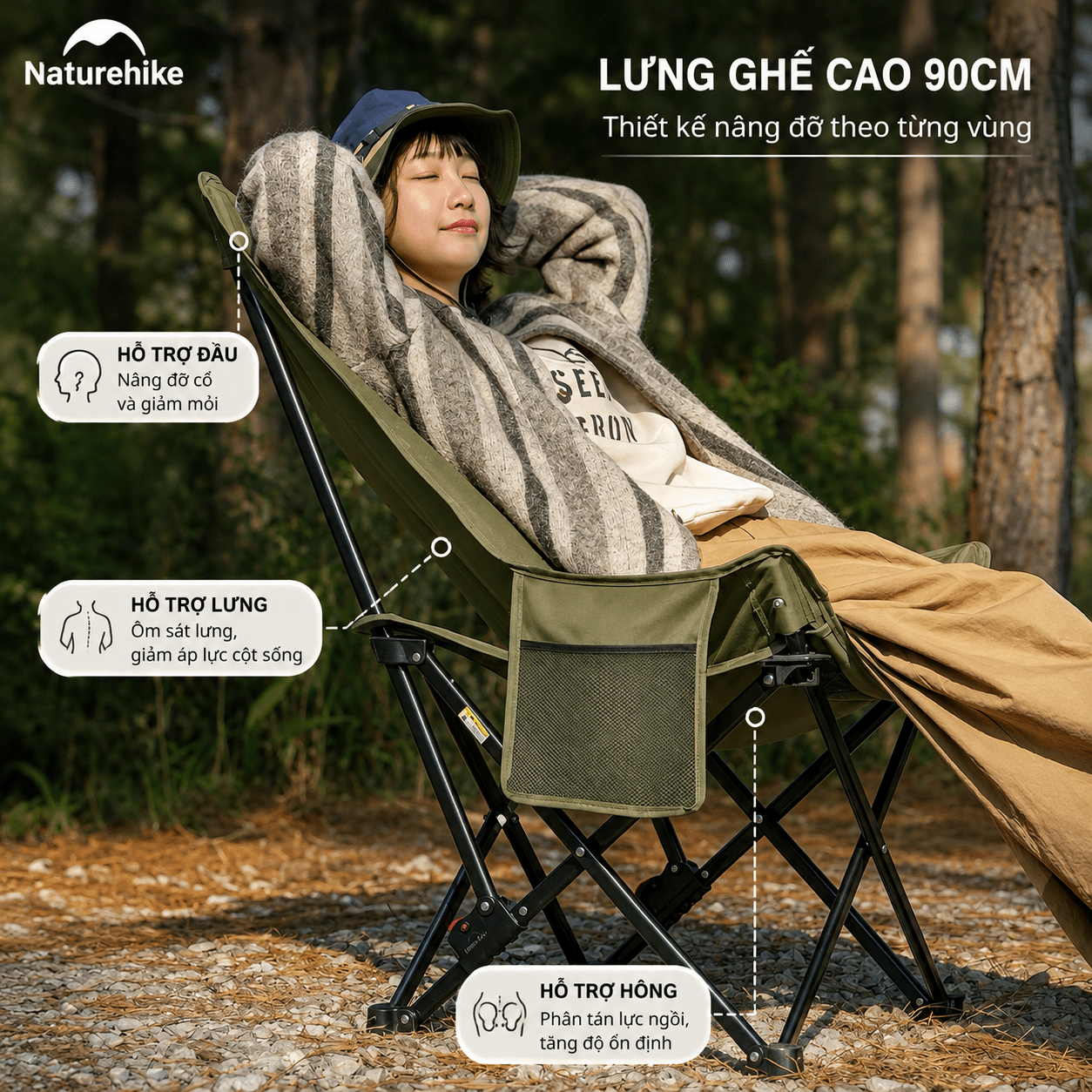 Ghế Xếp Dã Ngoại CNK2550JJ019,20 Naturehike Ghế Camping Ngả Lưng Có Gối Gấp Gọn Khung Thép Carbon