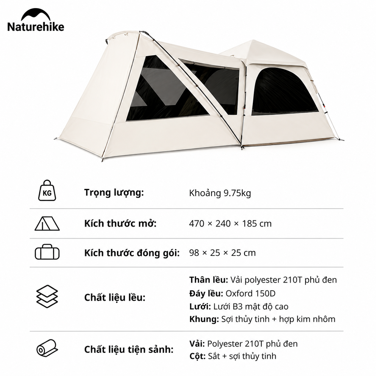 Lều Cắm Trại Tự Bung Naturehike CNK2650WS019 Có Tiền Sảnh 4 Người Chống Nắng UPF50+ Dựng Nhanh 3 Giây