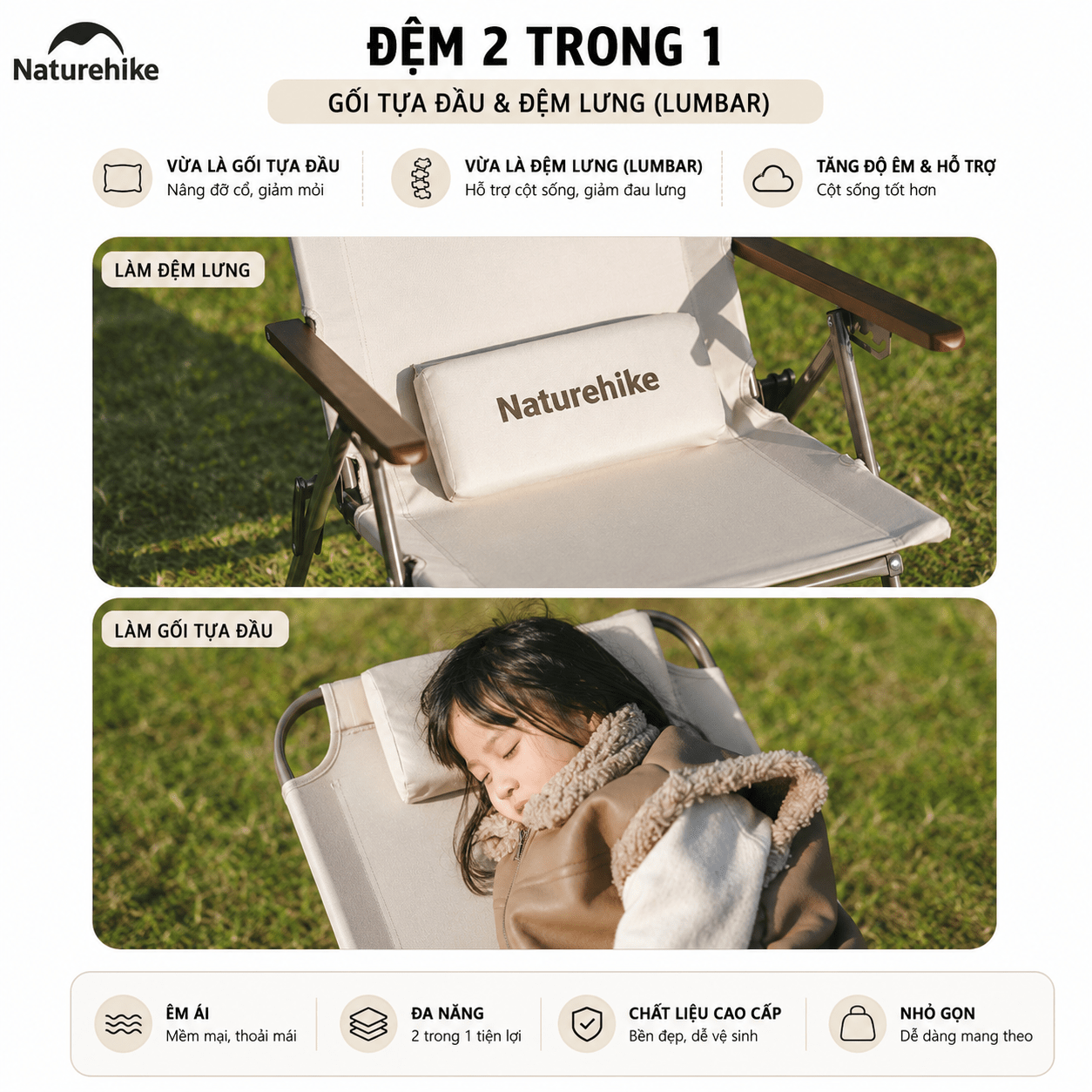 Ghế Xếp Camping Naturehike CNK2550JJ012 Low Chair Gấp Gọn 4 Mức Chỉnh – Ghế Dã Ngoại Tựa Lưng Cao Có Gối