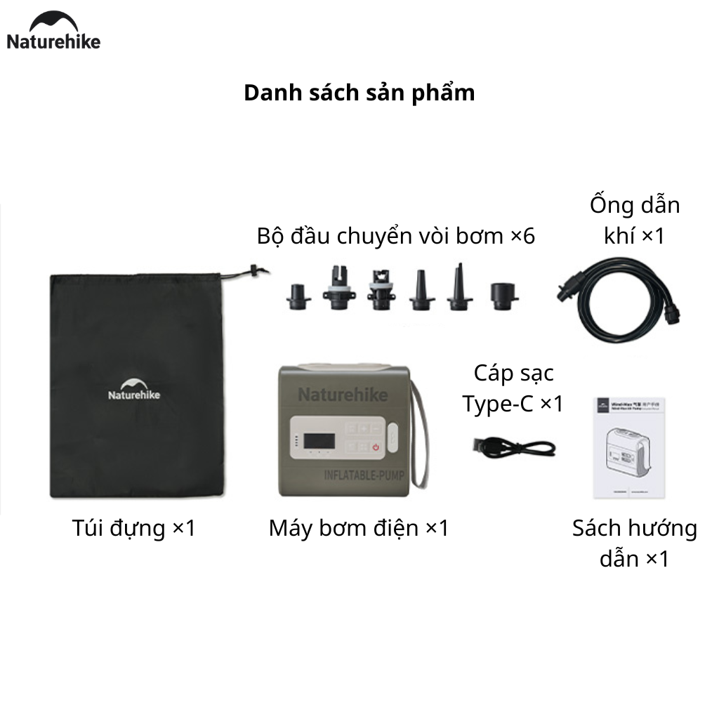 Máy Bơm Hơi Điện Tử CNK2550ZM010 Naturehike 20PSI Pin Sạc 5200mAh - Bơm Hút Khí 2 Chiều, Màn Hình LED, Sạc Type-C