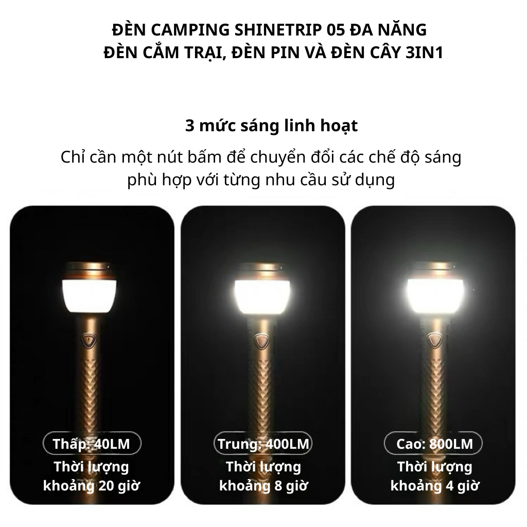 Đèn Cắm Trại Shinetrip ST05 800LM Đèn Camping Đa Năng 3 Trong 1 Có Chân Tripod Kéo Dài 1.92m Chống Nước IP65
