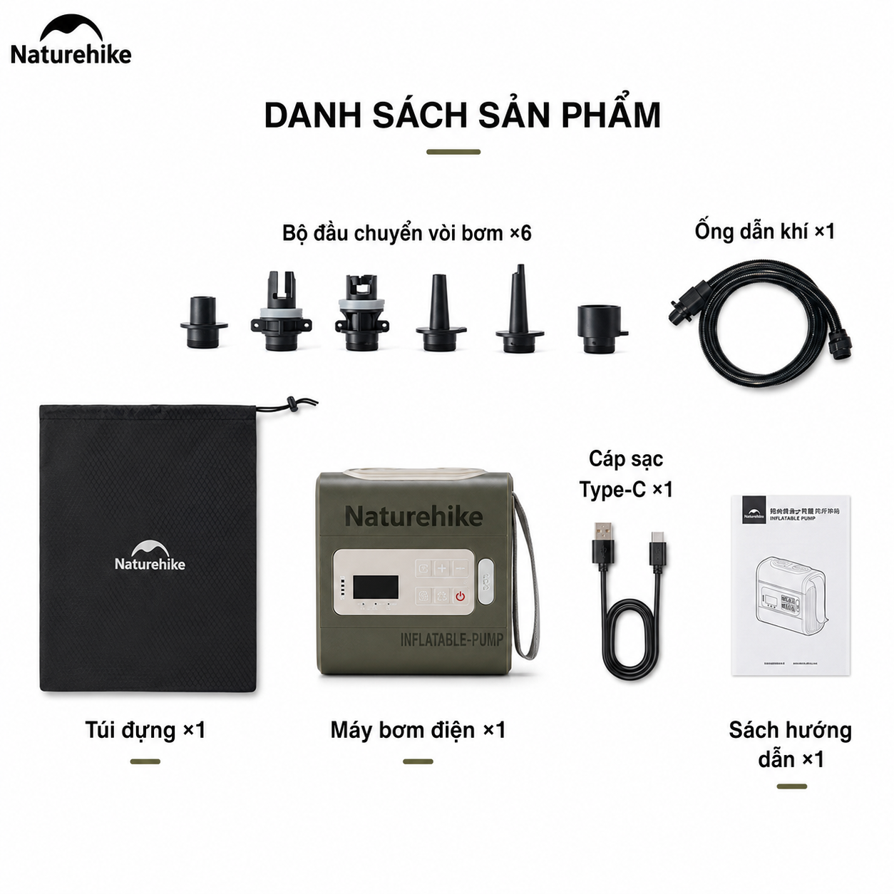 Máy Bơm Hơi Điện Tử CNK2550ZM010 Naturehike 20PSI Pin Sạc 5200mAh - Bơm Hút Khí 2 Chiều, Màn Hình LED, Sạc Type-C