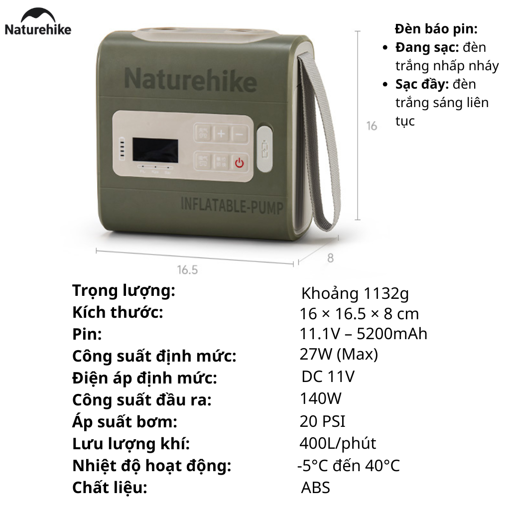Máy Bơm Hơi Điện Tử CNK2550ZM010 Naturehike 20PSI Pin Sạc 5200mAh - Bơm Hút Khí 2 Chiều, Màn Hình LED, Sạc Type-C