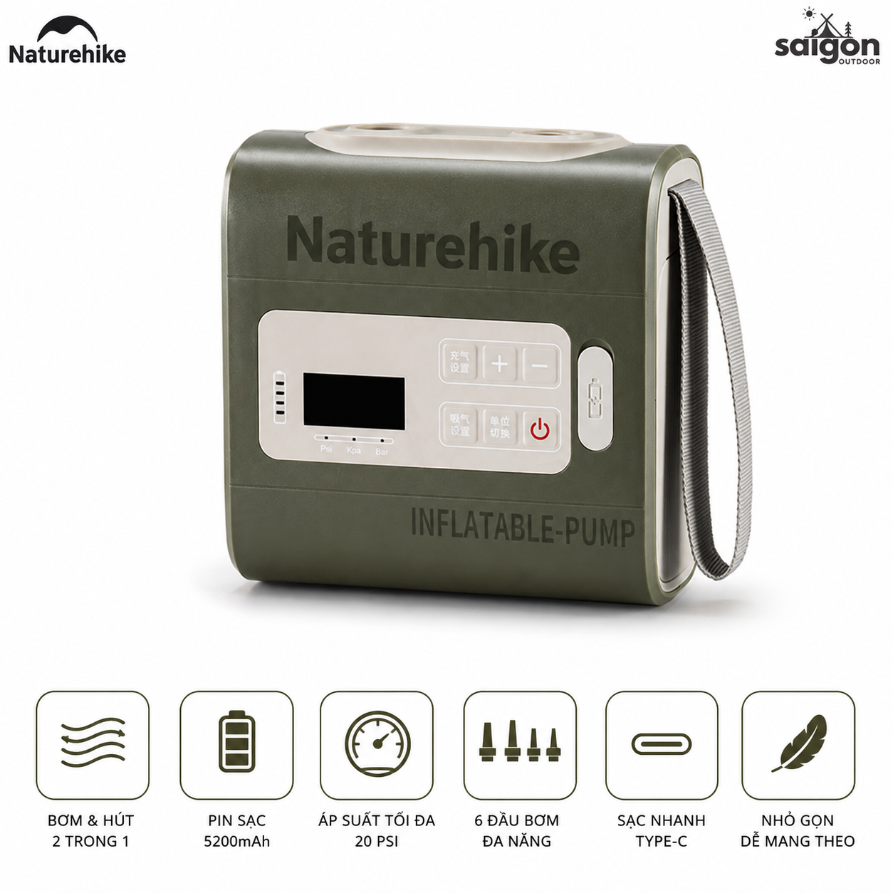Máy Bơm Hơi Điện Tử CNK2550ZM010 Naturehike 20PSI Pin Sạc 5200mAh - Bơm Hút Khí 2 Chiều, Màn Hình LED, Sạc Type-C