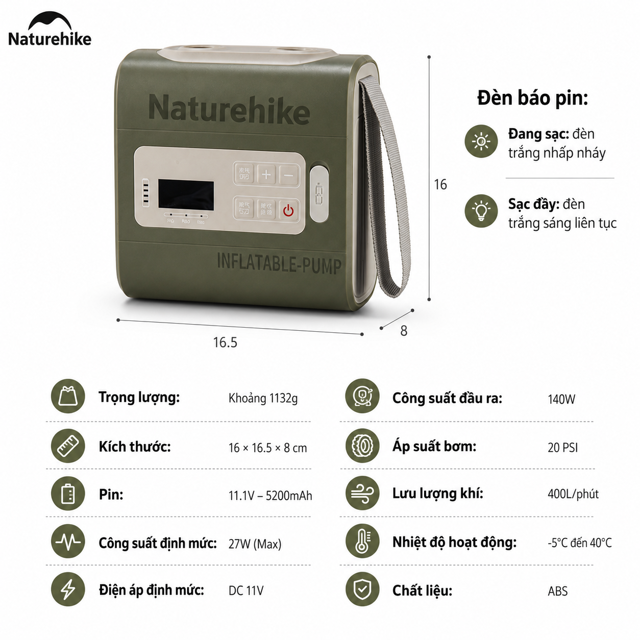 Máy Bơm Hơi Điện Tử CNK2550ZM010 Naturehike 20PSI Pin Sạc 5200mAh - Bơm Hút Khí 2 Chiều, Màn Hình LED, Sạc Type-C