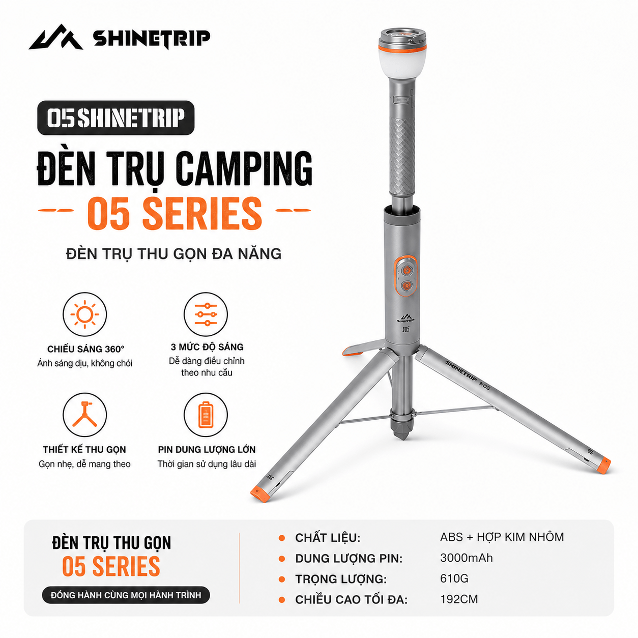 Đèn Cắm Trại Shinetrip ST05 800LM Đèn Camping Đa Năng 3 Trong 1 Có Chân Tripod Kéo Dài 1.92m Chống Nước IP65
