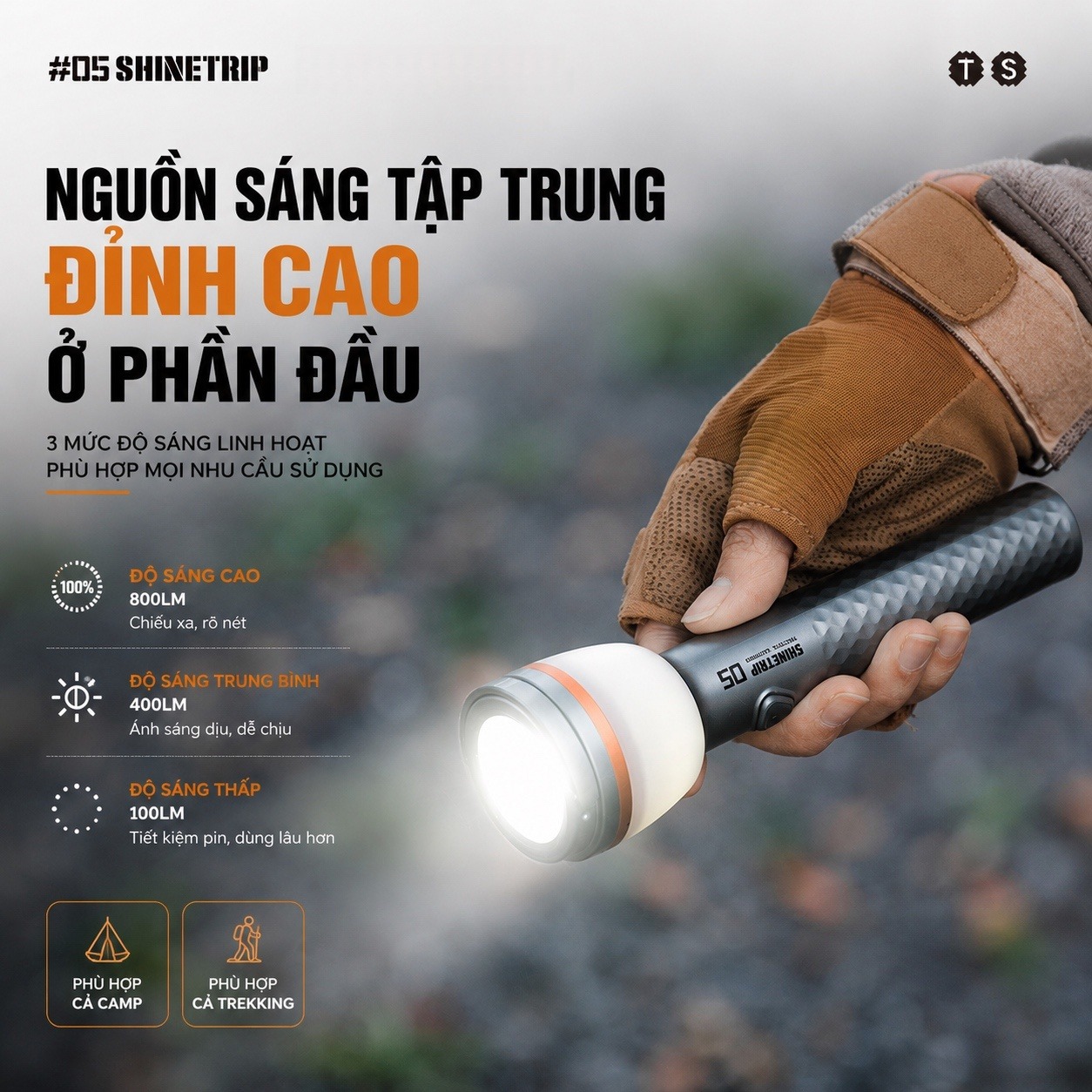 Đèn Cắm Trại Shinetrip ST05 800LM Đèn Camping Đa Năng 3 Trong 1 Có Chân Tripod Kéo Dài 1.92m Chống Nước IP65