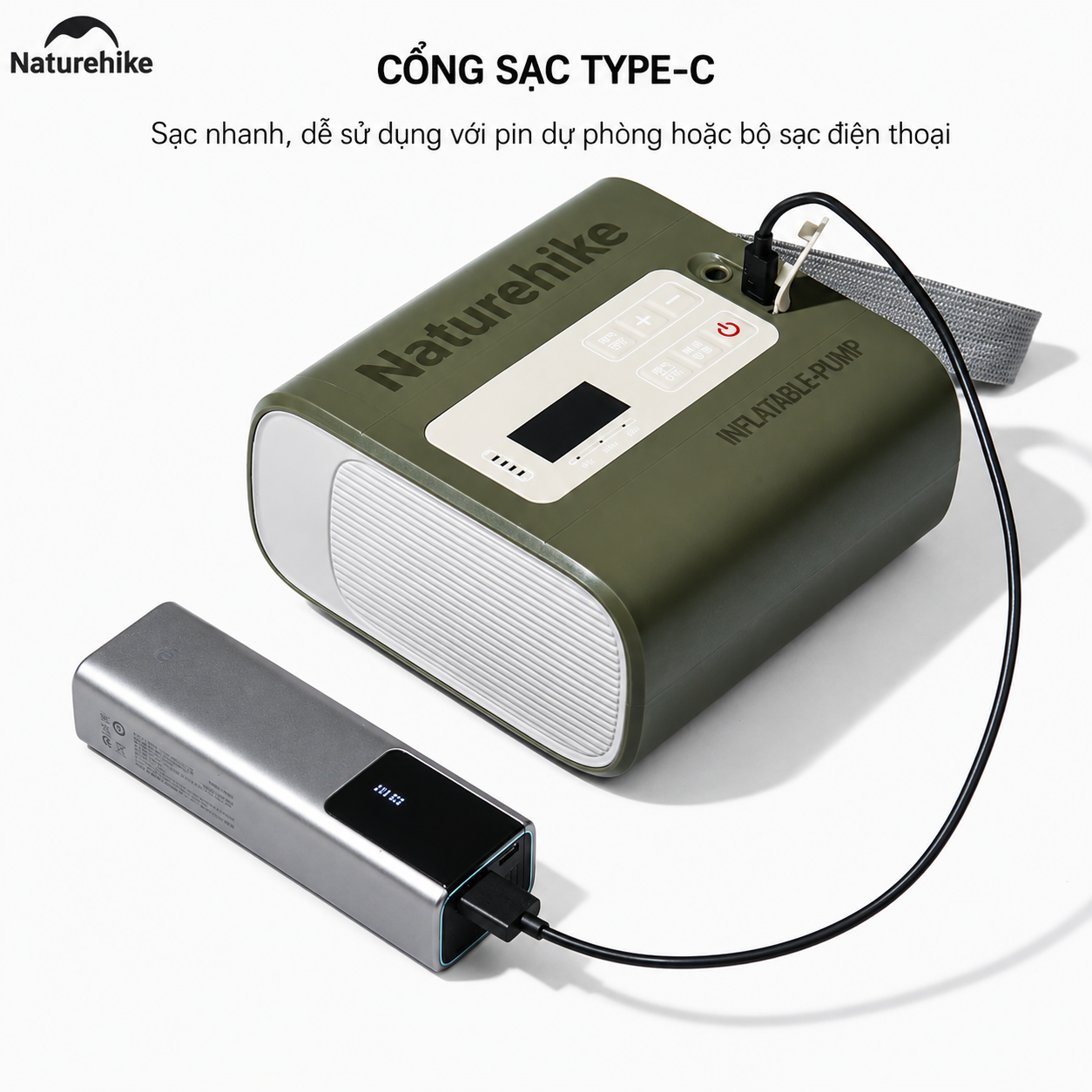 Máy Bơm Hơi Điện Tử CNK2550ZM010 Naturehike 20PSI Pin Sạc 5200mAh - Bơm Hút Khí 2 Chiều, Màn Hình LED, Sạc Type-C