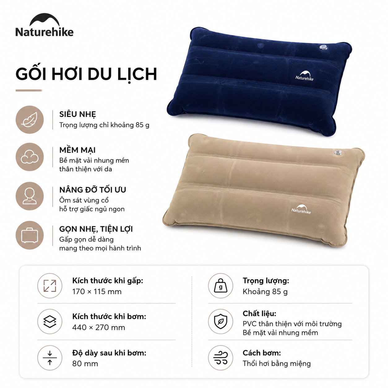 Gối Hơi Du Lịch Naturehike Siêu Nhẹ NH18F018-Z | Gối Bơm Hơi Camping Gấp Gọn, Vải Nhung Mềm, Gối Kê Cổ Ngủ Máy Bay