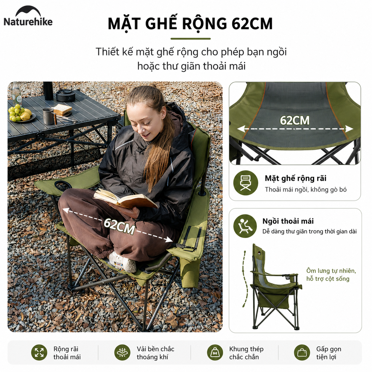 Ghế Xếp Camping Naturehike CNK2550JJ029 2 Ghế Gấp Gọn Có Đệm Dày, Tay Vịn Cứng, Túi Giữ Nhiệt, Khung Thép Carbon