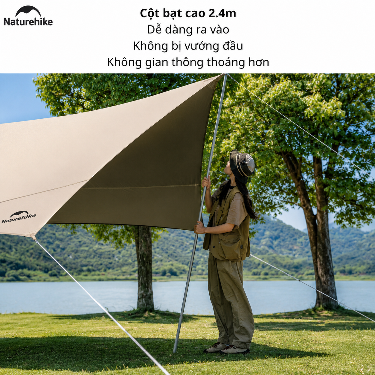 Bạt Che Nắng Naturehike CNK2350WS015| Bạt Camping Dã Ngoại Kèm Cột 2.2m Chống Nắng Chống Mưa