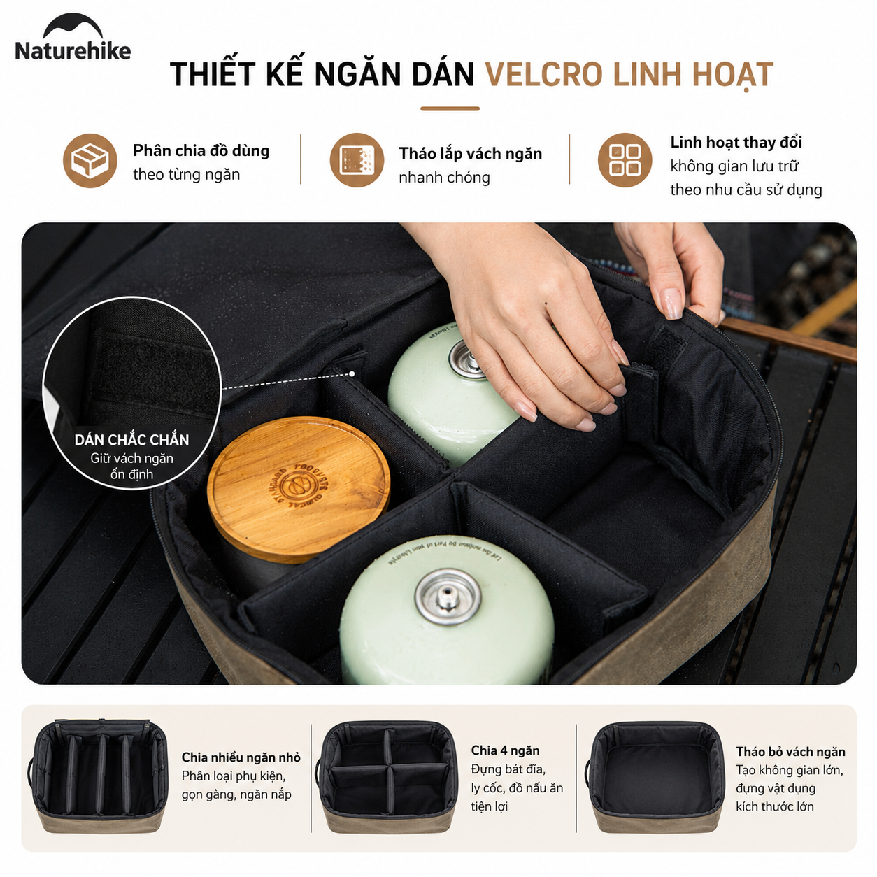 Túi Đựng Đồ Camping NH20PJ128 Naturehike 5.4L Canvas Phủ Sáp Dầu Chống Nước | Túi Đựng Bếp Dã Ngoại Có Vách Ngăn Tháo Lắ