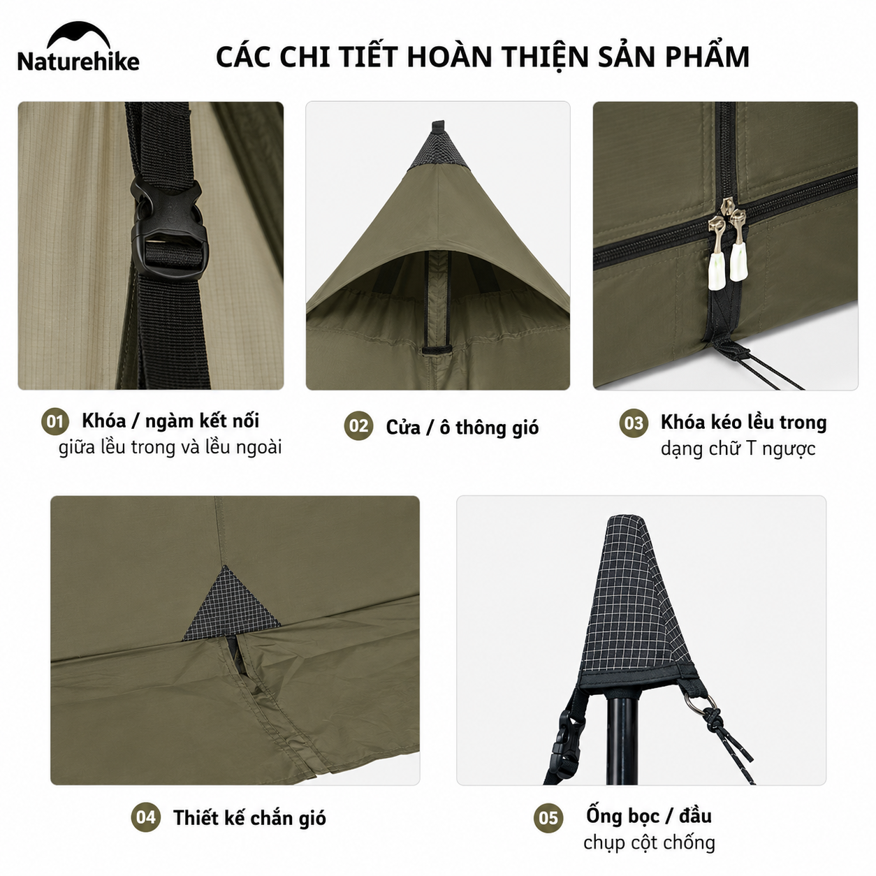 Lều Naturehike CNK2300ZP025 Tipi 3-4 Người Có Lỗ Thoát Khói Chống Nước PU3000mm | Lều Dã Ngoại Dựng Nhanh Dùng Bếp Củi 4