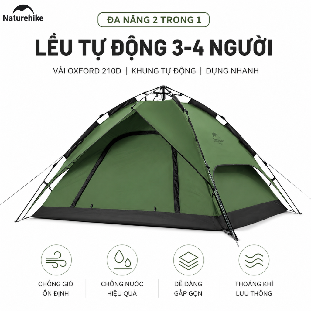 Lều Tự Động Naturehike 3-4 Người 2 Cửa 2in1 Chống Nước PU2000+ Gấp Gọn Cắm Trại Dã Ngoại NH21ZP008