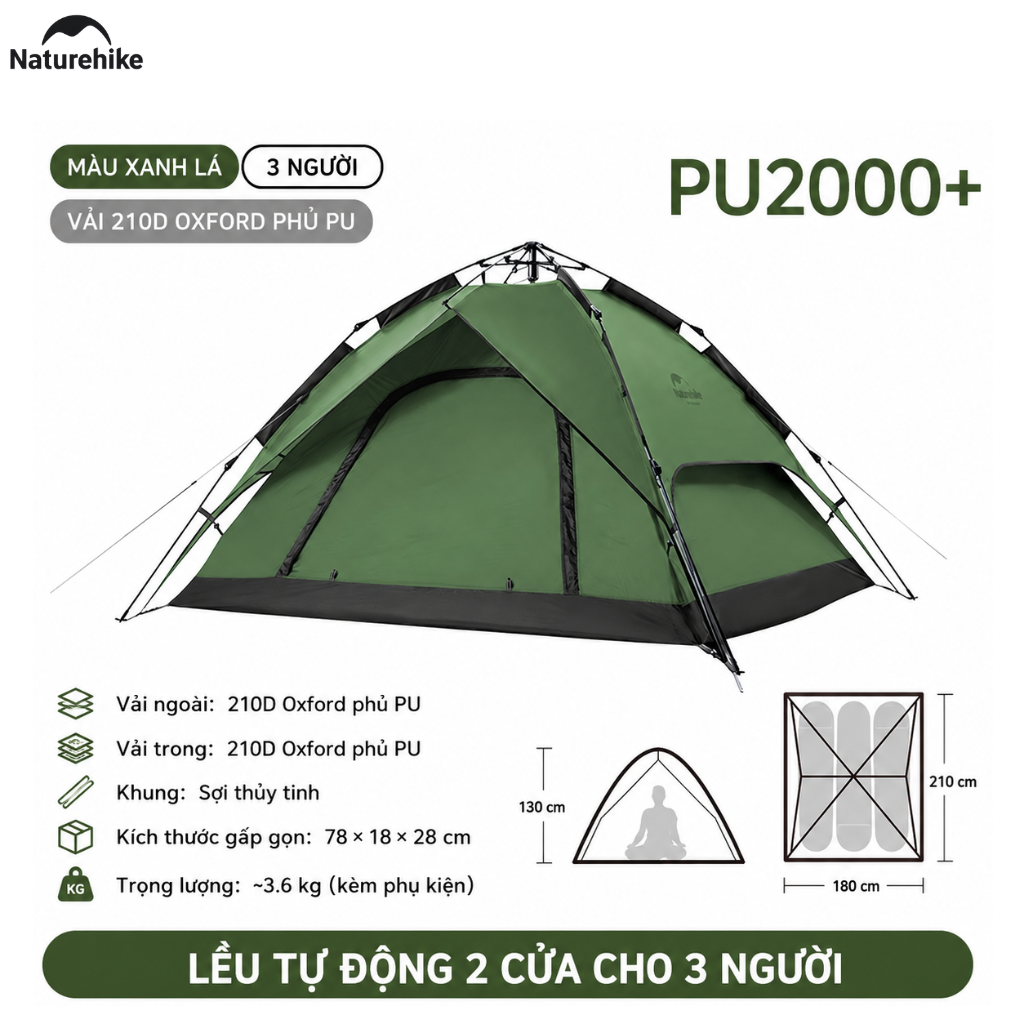 Lều Tự Động Naturehike 3-4 Người 2 Cửa 2in1 Chống Nước PU2000+ Gấp Gọn Cắm Trại Dã Ngoại NH21ZP008