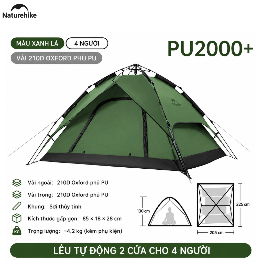 Lều Tự Động Naturehike 3-4 Người 2 Cửa 2in1 Chống Nước PU2000+ Gấp Gọn Cắm Trại Dã Ngoại NH21ZP008
