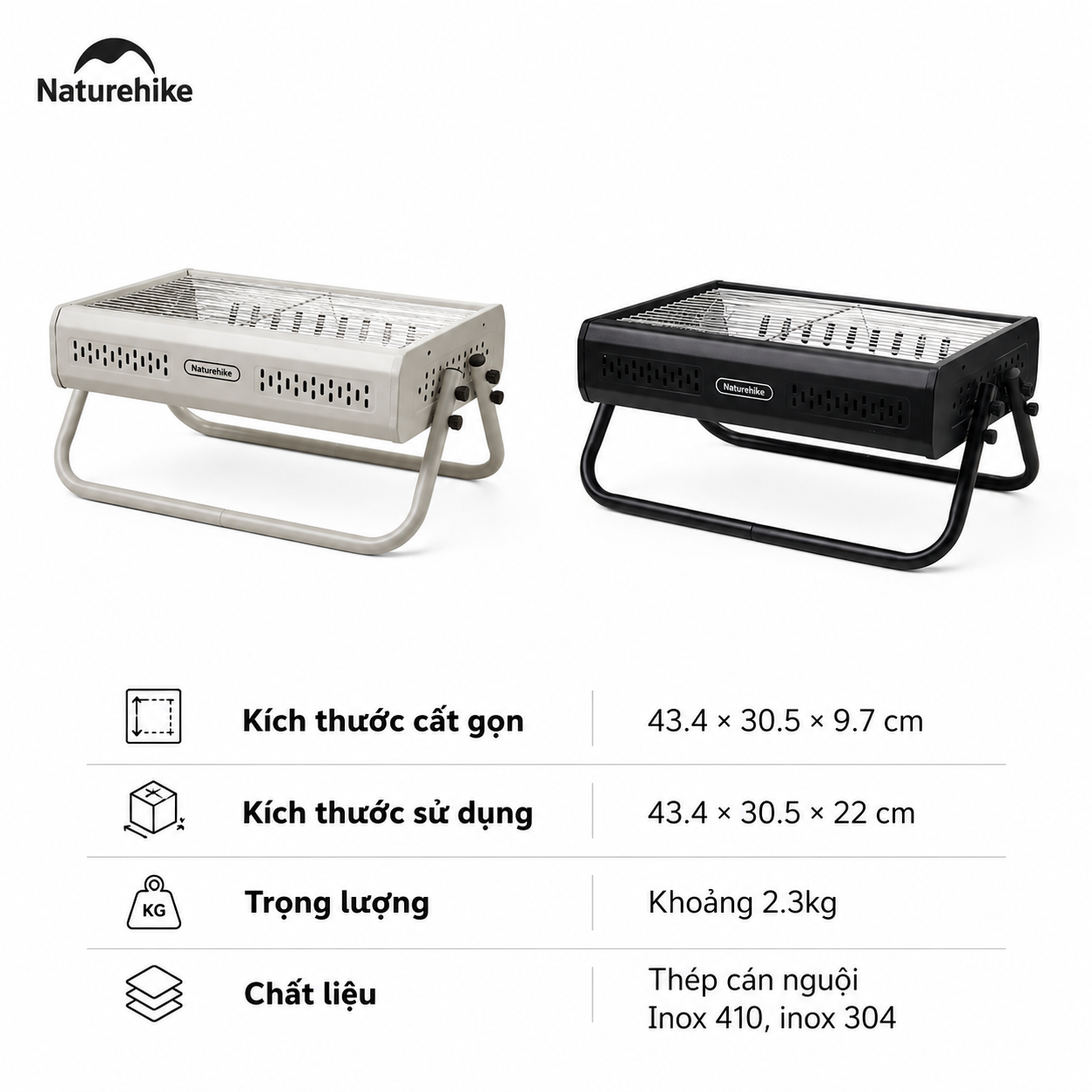 Bếp Nướng Than Hoa Naturehike CNK2650CF011 Gấp Gọn Inox 304 & Inox 410 - Bếp BBQ Dã Ngoại Camping Có Tay Xách, Tháo Rời