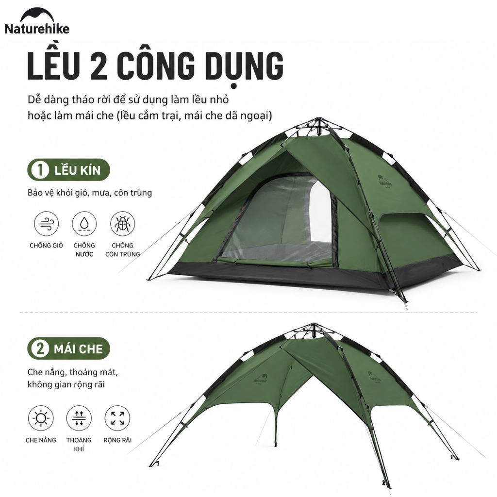 Lều Tự Động Naturehike 3-4 Người 2 Cửa 2in1 Chống Nước PU2000+ Gấp Gọn Cắm Trại Dã Ngoại NH21ZP008