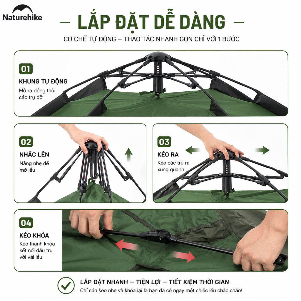Lều Tự Động Naturehike 3-4 Người 2 Cửa 2in1 Chống Nước PU2000+ Gấp Gọn Cắm Trại Dã Ngoại NH21ZP008