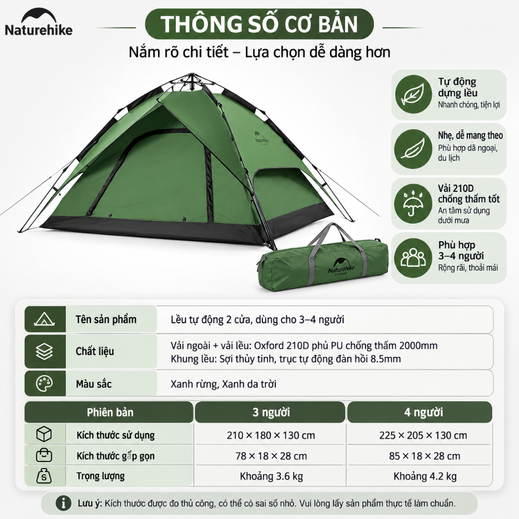 Lều Tự Động Naturehike 3-4 Người 2 Cửa 2in1 Chống Nước PU2000+ Gấp Gọn Cắm Trại Dã Ngoại NH21ZP008