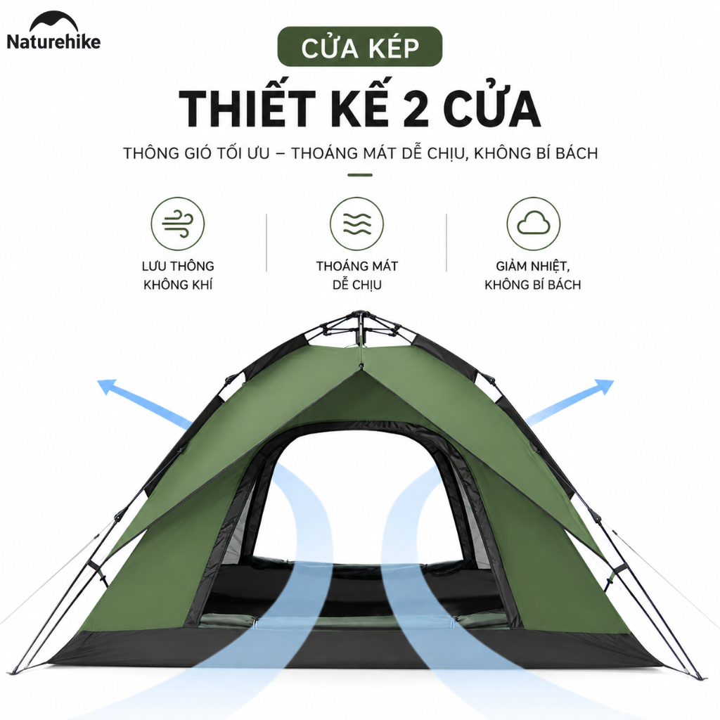 Lều Tự Động Naturehike 3-4 Người 2 Cửa 2in1 Chống Nước PU2000+ Gấp Gọn Cắm Trại Dã Ngoại NH21ZP008