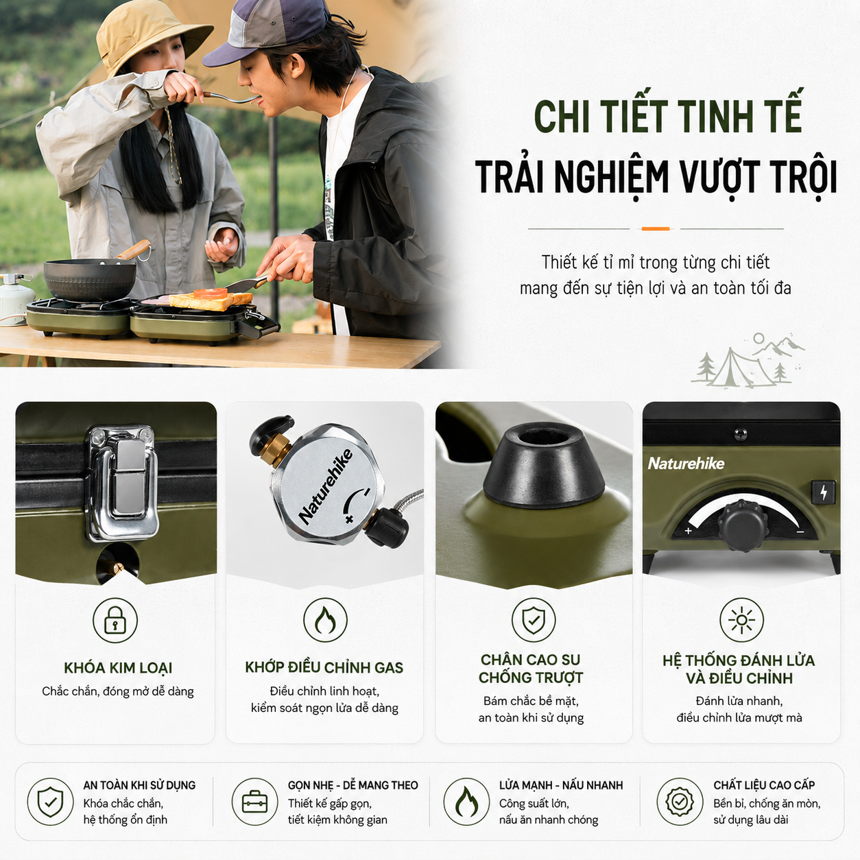Bếp Gas Cắm Trại Ngoài Trời, thiết kế Mini Kiểu Nhện Màu Đen, Dùng Cho Dã Ngoại, Camping NH22RJ003