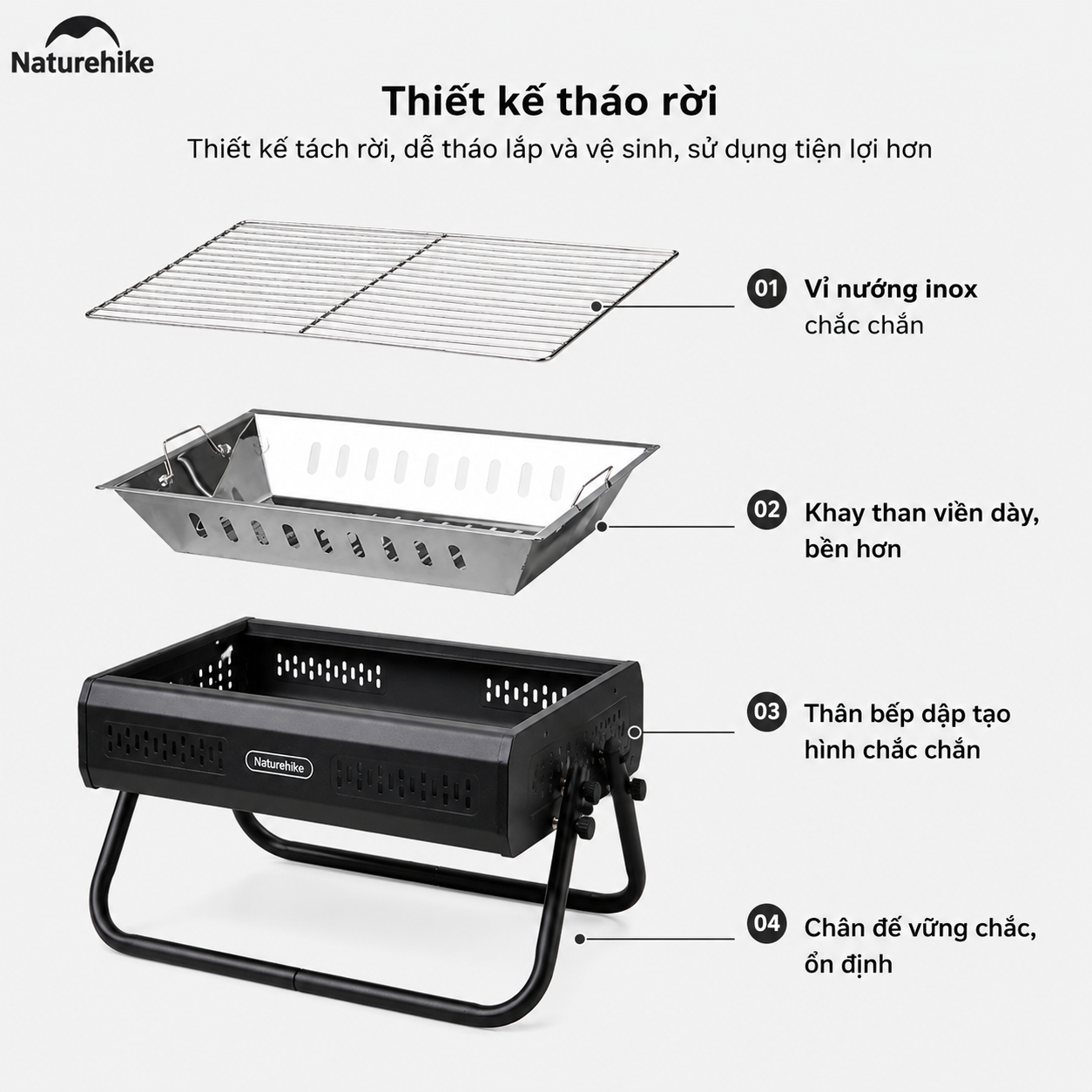 Bếp Nướng Than Hoa Naturehike CNK2650CF011 Gấp Gọn Inox 304 & Inox 410 - Bếp BBQ Dã Ngoại Camping Có Tay Xách, Tháo Rời