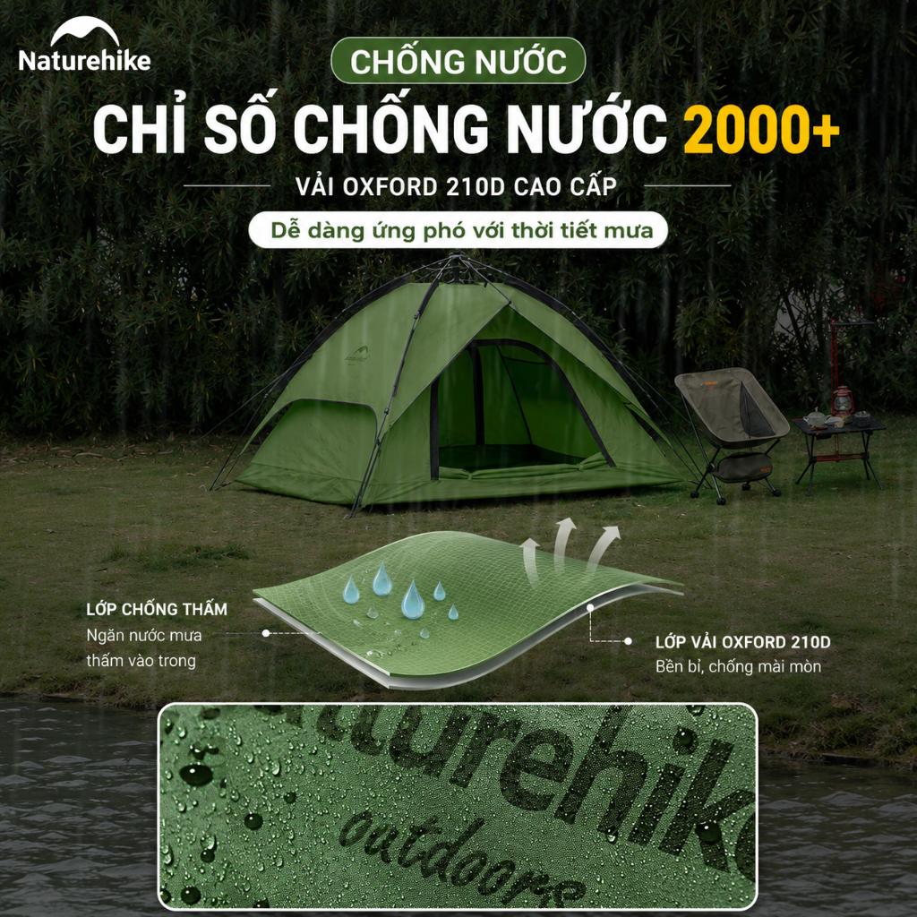 Lều Tự Động Naturehike 3-4 Người 2 Cửa 2in1 Chống Nước PU2000+ Gấp Gọn Cắm Trại Dã Ngoại NH21ZP008
