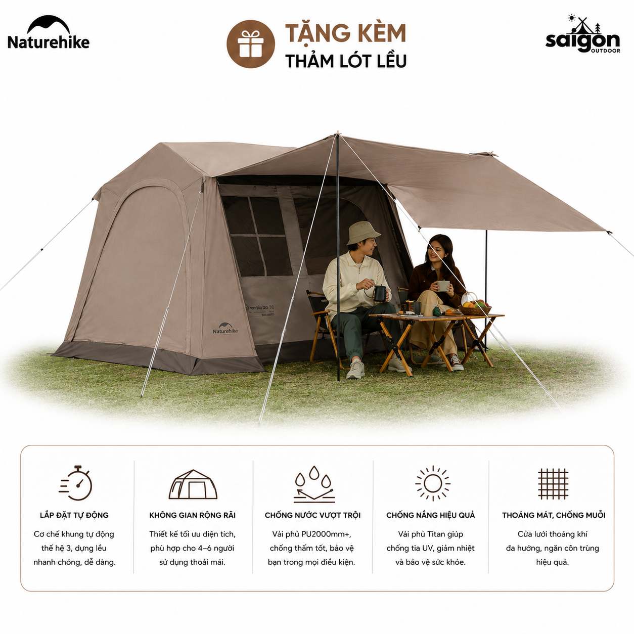 Naturehike CNK2650WS035 Lều Camping Village 6.0 III TiBlack Thế Hệ 3 Tự Bung Cabin 4-6 Người Chống Nắng Chống Mưa