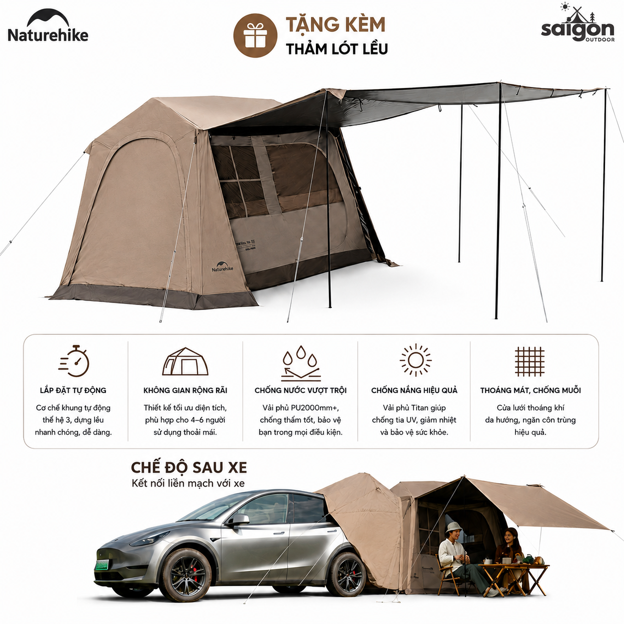 Naturehike CNK2650WS035 Lều Camping Village 6.0 III TiBlack Thế Hệ 3 Tự Bung Cabin 4-6 Người Chống Nắng Chống Mưa