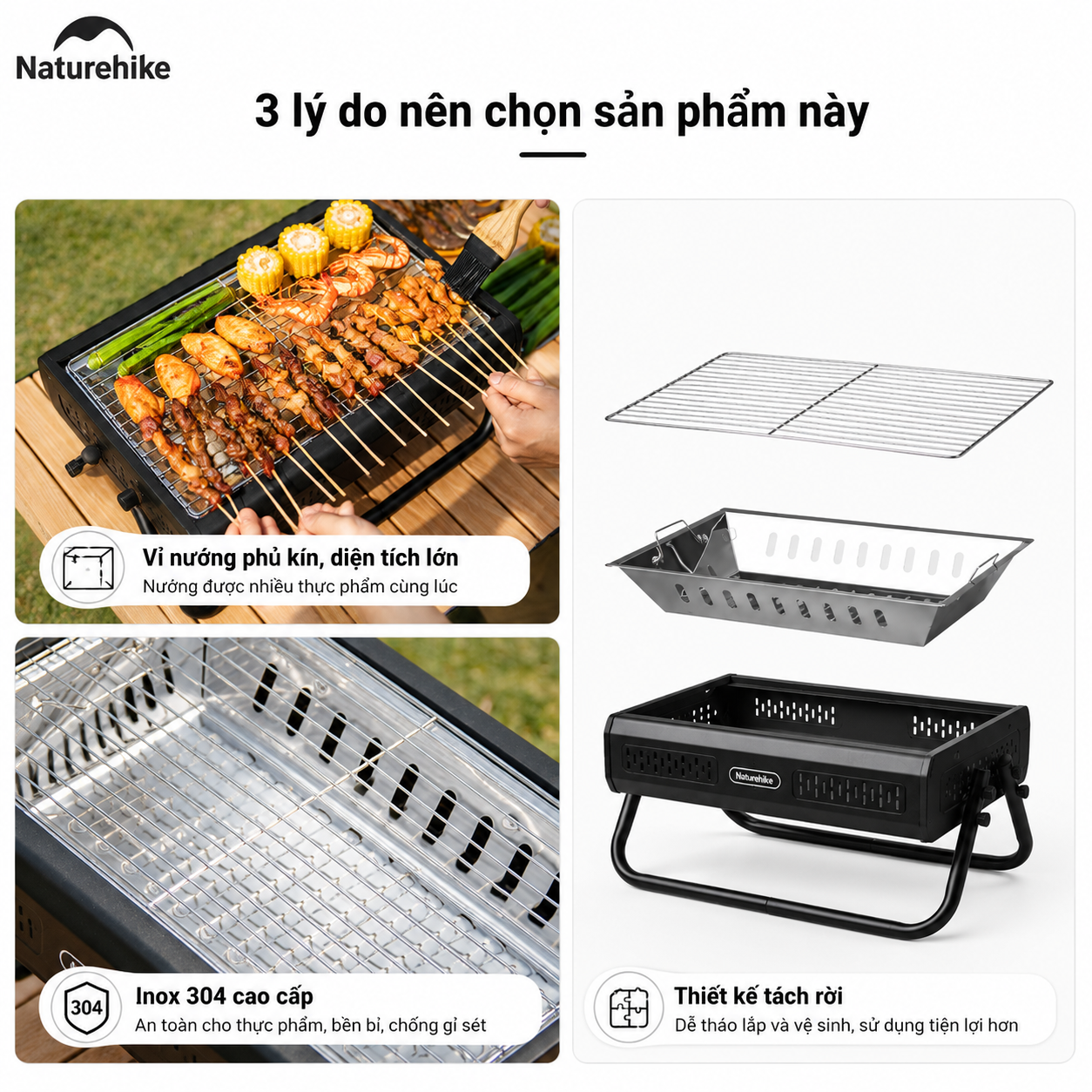 Bếp Nướng Than Hoa Naturehike CNK2650CF011 Gấp Gọn Inox 304 & Inox 410 - Bếp BBQ Dã Ngoại Camping Có Tay Xách, Tháo Rời